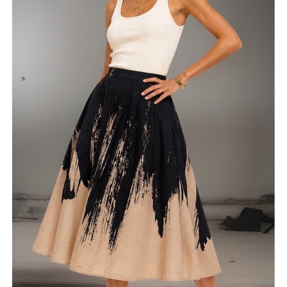 NWT Eva Franco Anthropologie Abstract Brushstroke Faux Wrap Midi Skirt Black 2